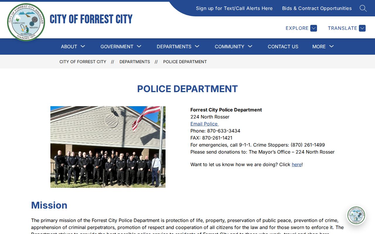 Forrest City Police Department official arrest-record contact page in St. Francis County