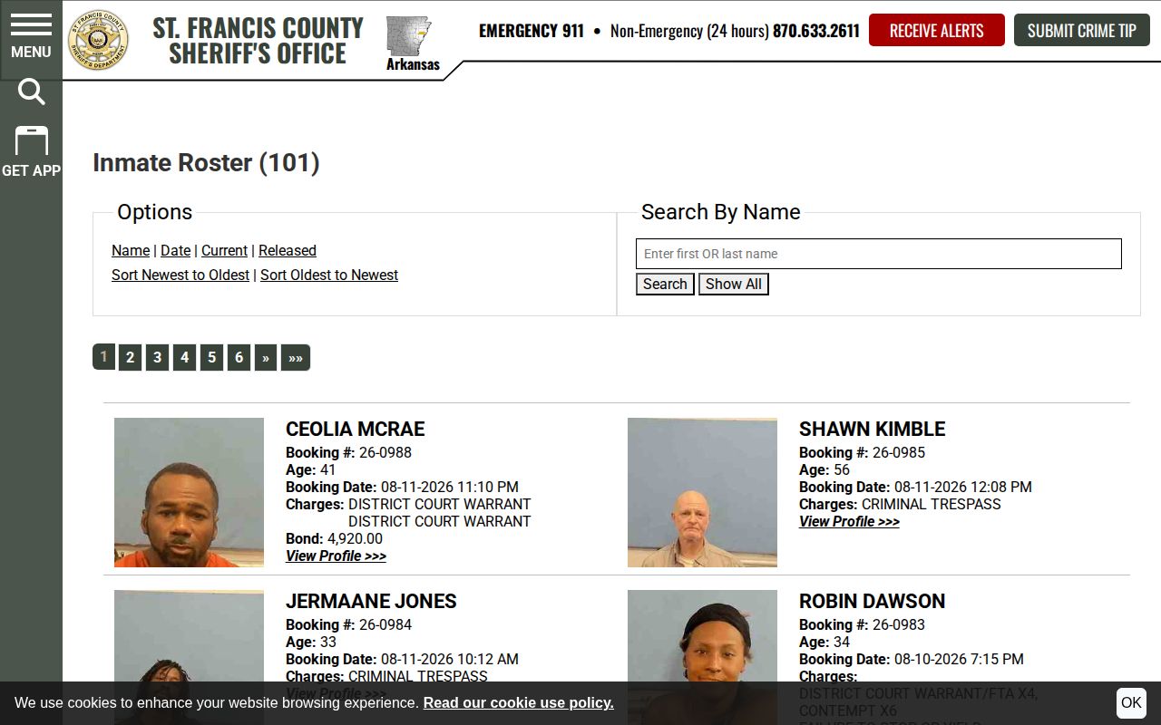 St. Francis County busted mugshot roster search and booking fields