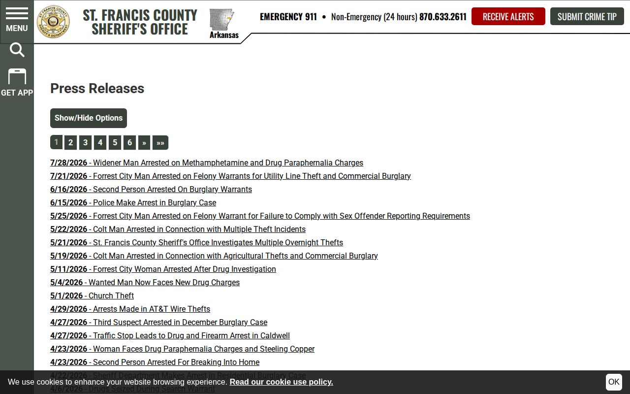 St. Francis County sheriff press release archive for arrest and crime news