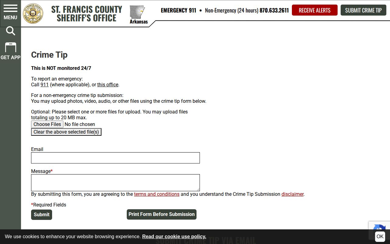 St. Francis County sheriff crime tip instructions and safety limits