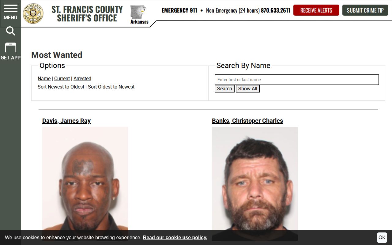 St. Francis County Sheriff's Most Wanted list and status filters